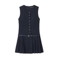 Vestido plisado sin mangas azul marino con botones y cinturón a juego en fondo blanco - XS / Azul oscuro