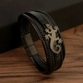 Men's multilayer black woven leather bracelet with gunmetal lizard and magnetic clasp - 21cm / Black + Gun Black