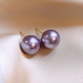 Elegant purple pearl stud earrings with gold needles on silk background, vintage style - 16mm Round Pearl Stud / Purple