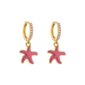 Macro detail of gold-plated starfish earrings with pink enamel and cubic zirconia stones - Peach Pink Starfish