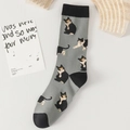Mid-calf gray knit socks featuring playful black and white cow cat cartoon patterns - No. 02-Grey Cow Cat