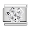 Macro shot of silver metal Italian link charm with four-leaf clover and sparkling gems - Silver 5-Zirconia