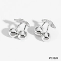 Polished silver stainless steel cherry earrings with leaf detail on a white background - Silver Cherry Earrings (PD3228)