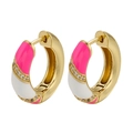 Detail of gold hoops with pink and white enamel sections and crystal micro-pave setting - Red Parallel Rhinestones