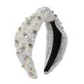 Cerchietto in tweed bianco con perle e strass in un ampio design annodato alla moda - Bianco