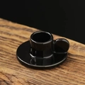 Nordic minimalist ceramic candle holder in black glossy glaze on a rustic wooden base - Wenxin Cup Candlestick / Black