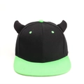 Black hip hop flat brim hat with neon green devil horns and contrast stitching - Green Brim Black Hat