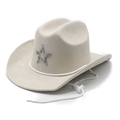 Beige faux suede cowboy jazz hat featuring a silver sequin star and adjustable chin strap - M(56-58cm) / Beige