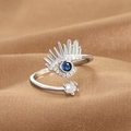 Evil eye open ring in silver finish with blue zircon and sparkling crystal lashes - Evil Eye Eyelash Style (Q-J081) / White Gold