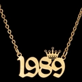 Golden 1989 lucky number necklace with mini crown pendant on black background - 1989 / Gold