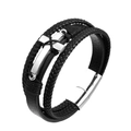 Mens vintage woven black leather bracelet with silver steel cross and magnetic clasp - Length 21cm / Black