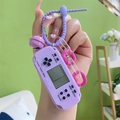 Purple mini Tetris game console keychain with silicone wrist strap and decorative charms - Purple