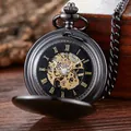 Orologio da tasca meccanico classico con numeri romani e catena in metallo nero lucido - Cassa Nera Quadrante Nero Movimento Oro
