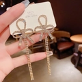 Sparkling S925 silver bow earrings with long rhinestone tassels and Korean design - Hollow Bow Rhinestone Chain Tassel Earrings (E0075)