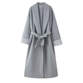 Detail of grey long wool coat with faux fur cuffs and matching waist tie belt - S / Light Gray