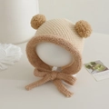 Cappello bimbo in maglia con doppi pompon marroni e protezione per le orecchie beige - 1-3 Anni / Beige