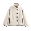 Giacca chic in pile bianco crema con finiture in pelle marrone e bottoni monopetto da donna - S / Bianco Sporco