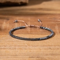Men's hematite beaded bracelet with faceted black stones and adjustable brown cord - 25121101-Style 3 Black Faceted