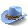 Detail of light blue faux suede cowboy hat with fringe, chain, and woven band decoration - M (56-59cm) / Sky Blue