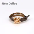 Women's thin coffee brown leather belt with a decorative golden metal rose buckle - Dark Coffee / 105cm