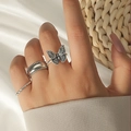 Three-piece vintage silver ring set featuring a butterfly and textured stackable bands - Butterfly Rope (04 Butterfly Rope 4356)