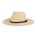 Détail d'un chapeau de paille à large bord avec ceinture en cuir noir et boucle en métal - M / Beige