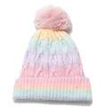 Detail of chunky cable knit texture and soft pom-pom on gradient winter beanie - M (56-58cm) / Macaron Rainbow Gradient (H)