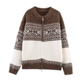 Brown and cream jacquard knit cardigan with geometric pattern and metal zipper closure - S / Tops / Coffee