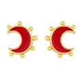 Chic 18K gold plated moon stud earrings with bright red enamel and sunburst edge - Red