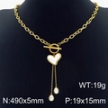 Golden OT clasp heart pendant necklace with white heart and tassel crystal drops - Gold Heart Pearl Resin Water Drop Zirconia Tassel T-Buckle Necklace (KN286410-HM) / Gold