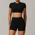 Ensemble de yoga noir pour femme avec crop top manches courtes et short gainant - S / Haut Et Bas / Noir Premium (T-shirt + Short)