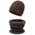 Winter knitted hat and neck warmer set in dark coffee brown with gray fleece lining - Hat + Neck Warmer / Dark Brown 2-Piece Set