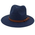 Detailed view of dark blue straw fedora weave with brown leather band and tassel accents - Navy Blue