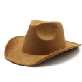 Macro detail of brown suede wide brim cowboy hat featuring pinched crown and tonal stitching - M (56-59cm) / Khaki (Suede)