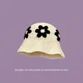Handmade crochet bucket hat in beige with black and white flower patches for women - M (56-58cm) / 3D Floral Basin Hat Beige