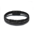 Pulsera de cuero trenzado negro multicapa para hombre con cuentas y cierre magnético - Cuero Negro Hebilla Negra
