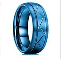 Deep blue grooved steel ring with brushed finish and geometric carved diagonal lines - Blue / US 6