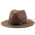 Détail du chapeau Panama marron café avec perles turquoise et garniture en coquillage - Café