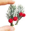Macro view of mini snowy pine needles with red berries for Christmas DIY decor - 6CM Snow Flocked Pine Needle With Red Berries