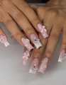 Pink and white gradient long coffin press-on nails with 3D bows, pearls, and hearts - XA-61-37 Pink White Gradient Bow Pearl Heart Chain