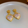 Vintage gold rose stud earrings with iridescent pearl heart pendants on a tray - 925 Silver Earring Post / Gold Tulip