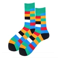 Colorful geometric cotton crew socks with vibrant multicolored plaid and stripe pattern - One Size / Colorful Geometric Blocks (2036C)