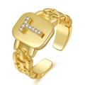 Adjustable golden watch-band ring with letter F initial in sparkling crystals - Letter T