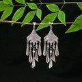 Ethnic style silver tassel drop earrings hanging on a natural branch with green leaves - E4948-3 (Heart Fan Shape)