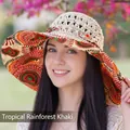Women's wide brim sun hat with tropical khaki print and breathable straw crown for beach - Sunflower Beige