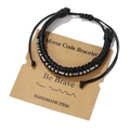 Handmade black leather Morse code bracelet featuring silver beads and Be Brave card - Be Brave