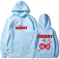 Sweat à capuche bleu clair avec imprimé cerise et lettrage graphique sur l'avant et le dos - Bleu Clair