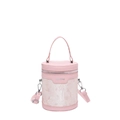 Borsa a secchiello cilindrica rosa in jacquard con manici in pelle e tracolla rimovibile - Rosa