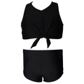 Two-piece black girls' bikini set featuring sleeveless knot-front top and high-waist bottoms - 104 / Black Two-Piece Set (Boy-Leg Bottom)