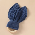 Infant teething ring toy with natural wood circle and dark blue cotton bunny ears - Dark Blue